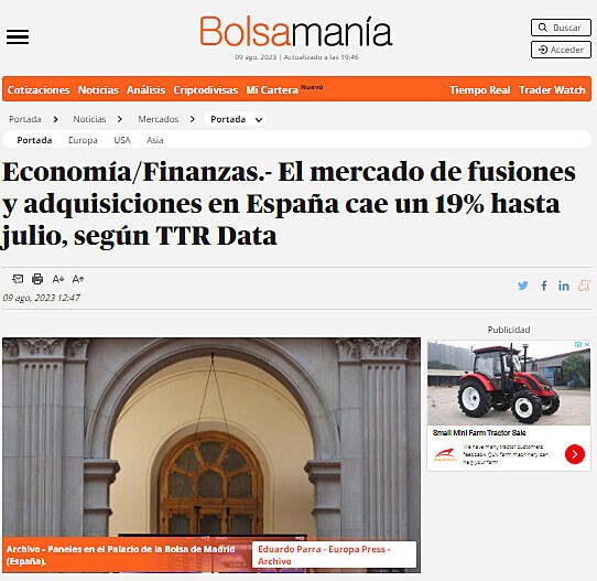 Economa/Finanzas.- El mercado de fusiones y adquisiciones en Espaa cae un 19% hasta julio, segn TTR Data